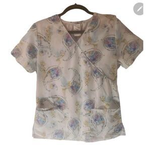 Womens  Tinkerbell Scrub Top Small 2 Pocket Mock Wrap Draw String Size S